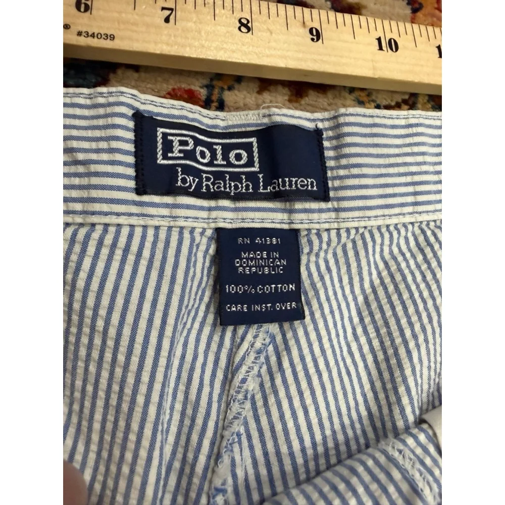 Polo Ralph Lauren Men’s Seersucker Pleated Shorts Size 34 Blue White Stripe Cott